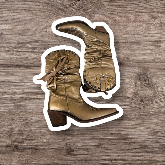 Steve Madden leather metallic gold stud detail slouch fringe cowgirl boots - Picture 2 of 13